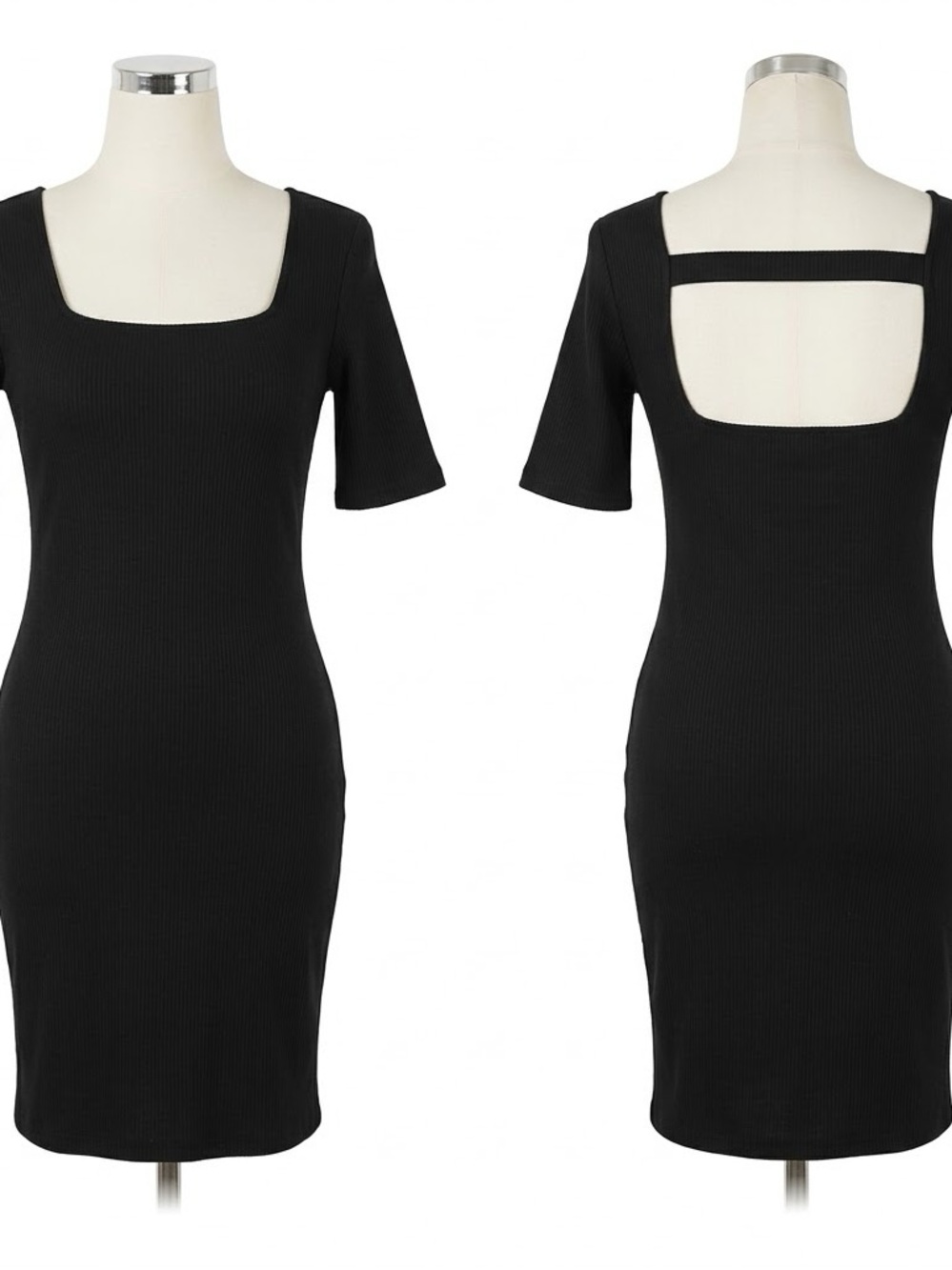 Square Neck Black Bodycon Dress with Back Strap